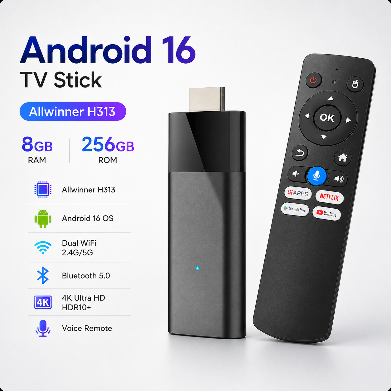 4K Media Player - Android 16 TV Stick 4K Allwinner